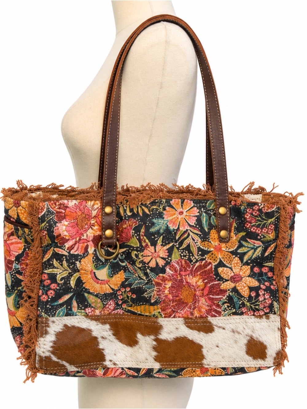 Myra Bag Floral & Cowhide Fringe Tote Bag